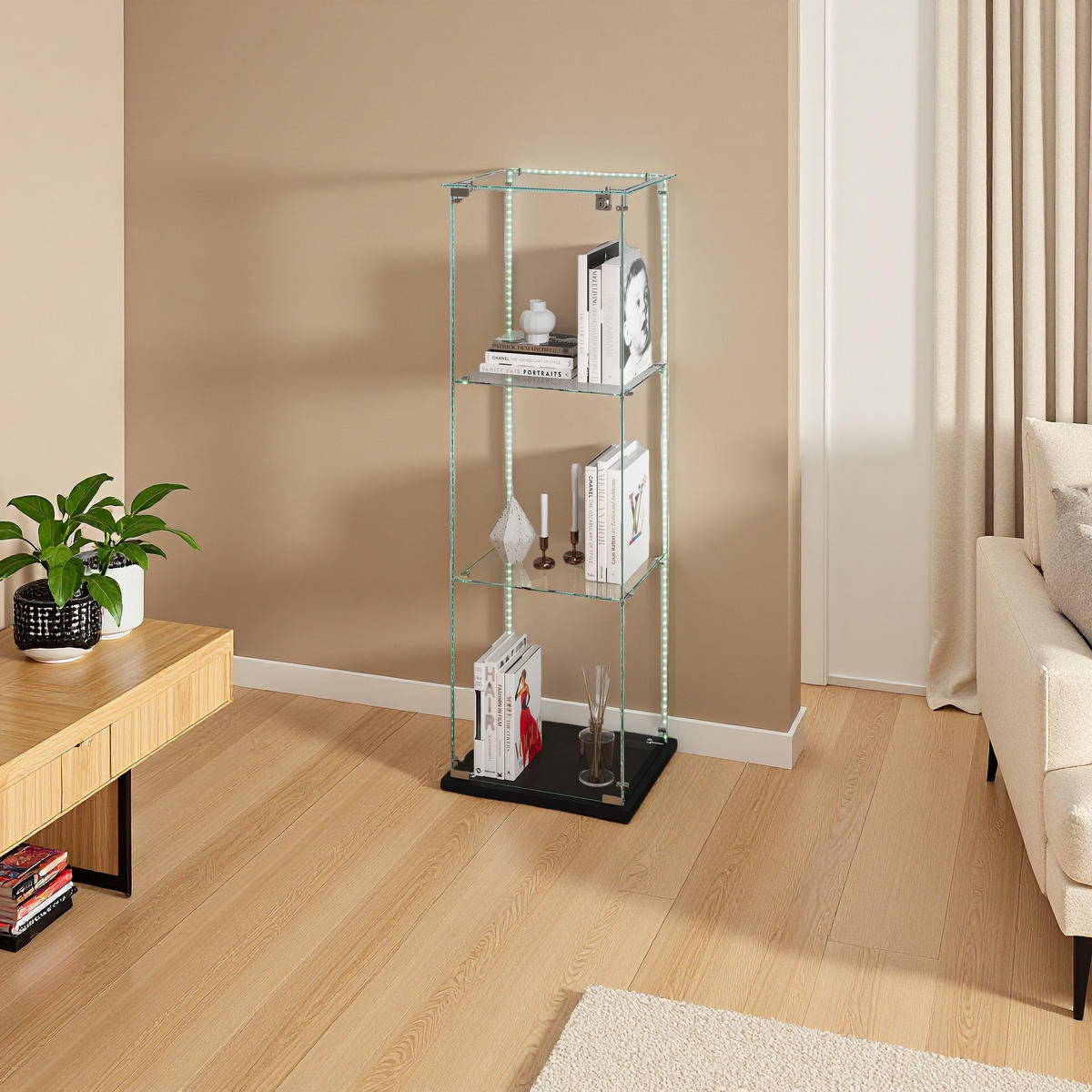 HOCHVITRINE mit LED, ESG-Glas, 3 Böden, Weiß, kompakt - Schwarz, Glas (35/123.3/39.8cm) - SHOPENTRA
