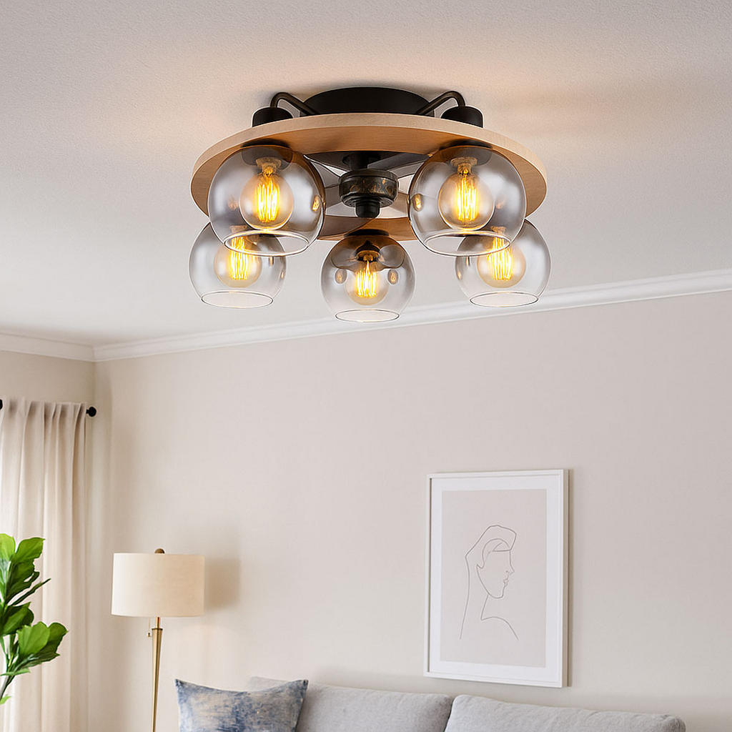 Thumbnail - Globo Lighting Deckenleuchte, Grau, Holz, Rund, 55x21.5x55 cm, Lampen & Leuchten, Innenbeleuchtung, Deckenleuchten