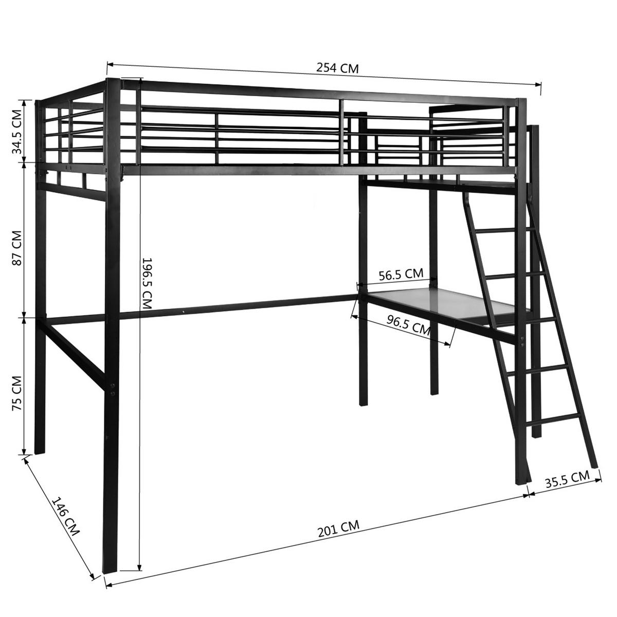 HOCHBETT Metall Schwarz 140x200 cm – Loftbett mit Arbeitsbereich, Leiter und Sicherheitsgeländer - Schwarz, Metall (145.5/201cm) - Meubles Cosy
