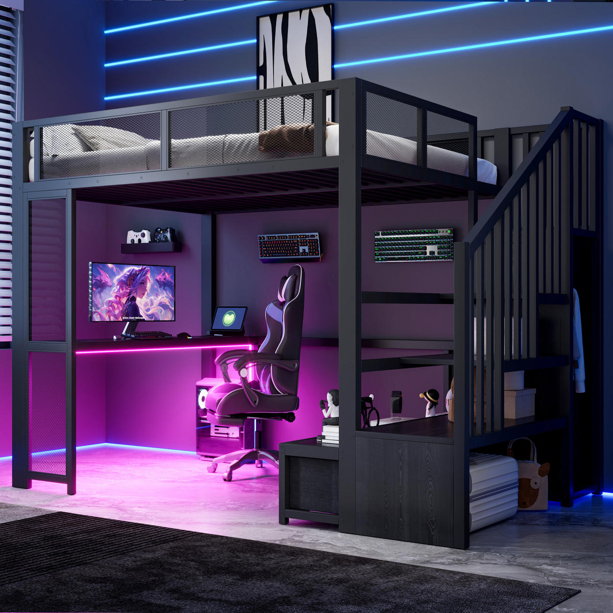 HOCHBETT 140x200 cm mit Treppe/USB-Anschluss und LED-Beleuchtung, Schwarz - Schwarz, Metall (140/200cm) - KOMHTOM