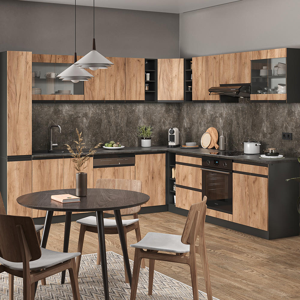 ECKKÜCHE R-Line Goldkraft Eiche 257 x 60 cm J-Shape, ohne Arbeitsplatte - Honigeiche/Anthrazit, Holzwerkstoff (257/81.6/46cm) - Vicco