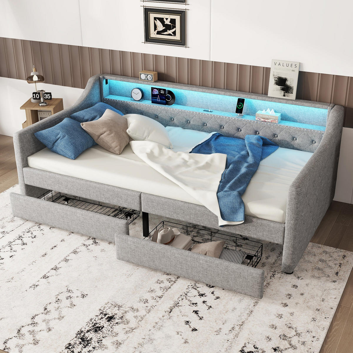 TAGESBETT 90/200 cm mit LED-Beleuchtung, USB-Anschluss, 2 Schubladen und Lattenrost, Grau - Grau, Textil (90/200cm) - Redom