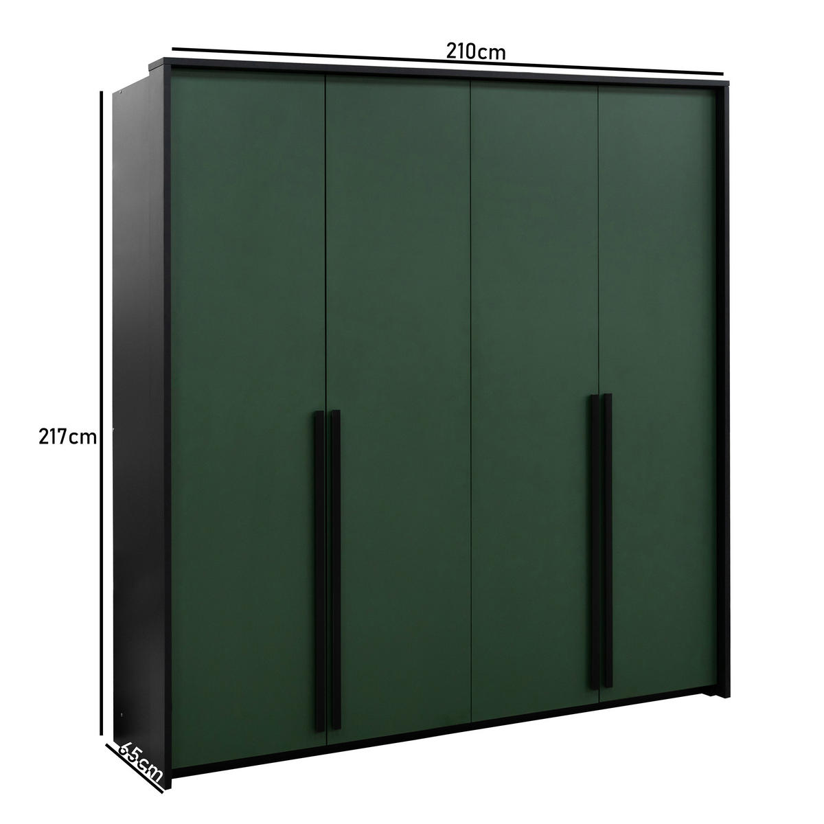 DREHTÜRENSCHRANK GENUA 210 cm, Flaschengrün, Schwarze Griffe - Grün, Holzwerkstoff (210/217/65cm) - Bettso