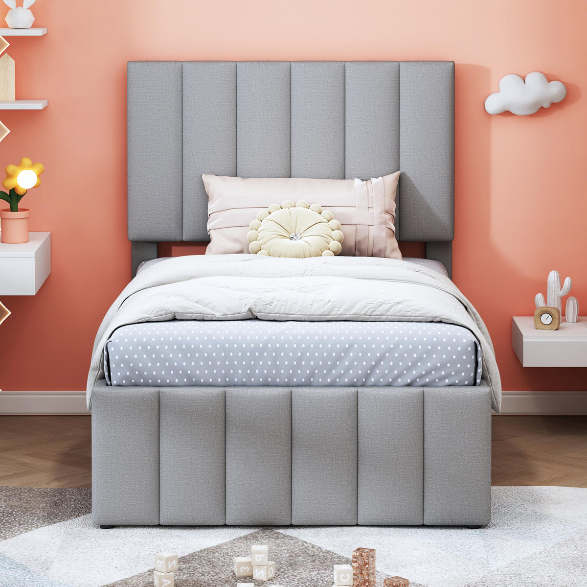 ČALÚNENÁ posteľ z MDF, ľanu a kovu 90x200 cm sivá s výsuvným lôžkom a 3 zásuvkami - sivá, textil (90/200cm) - Modfu
