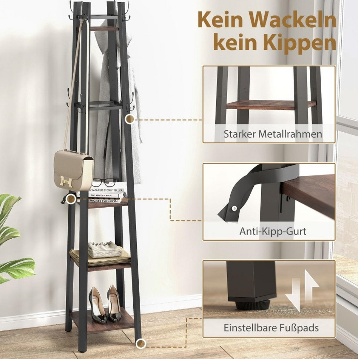 GARDEROBENSTÄNDER 34,8/34,8/179 cm mit 8 Haken und 4 Ablagen aus Metall und Holzoptik, Braun - Braun, Holz (34.8/179/34.8cm) - Redom