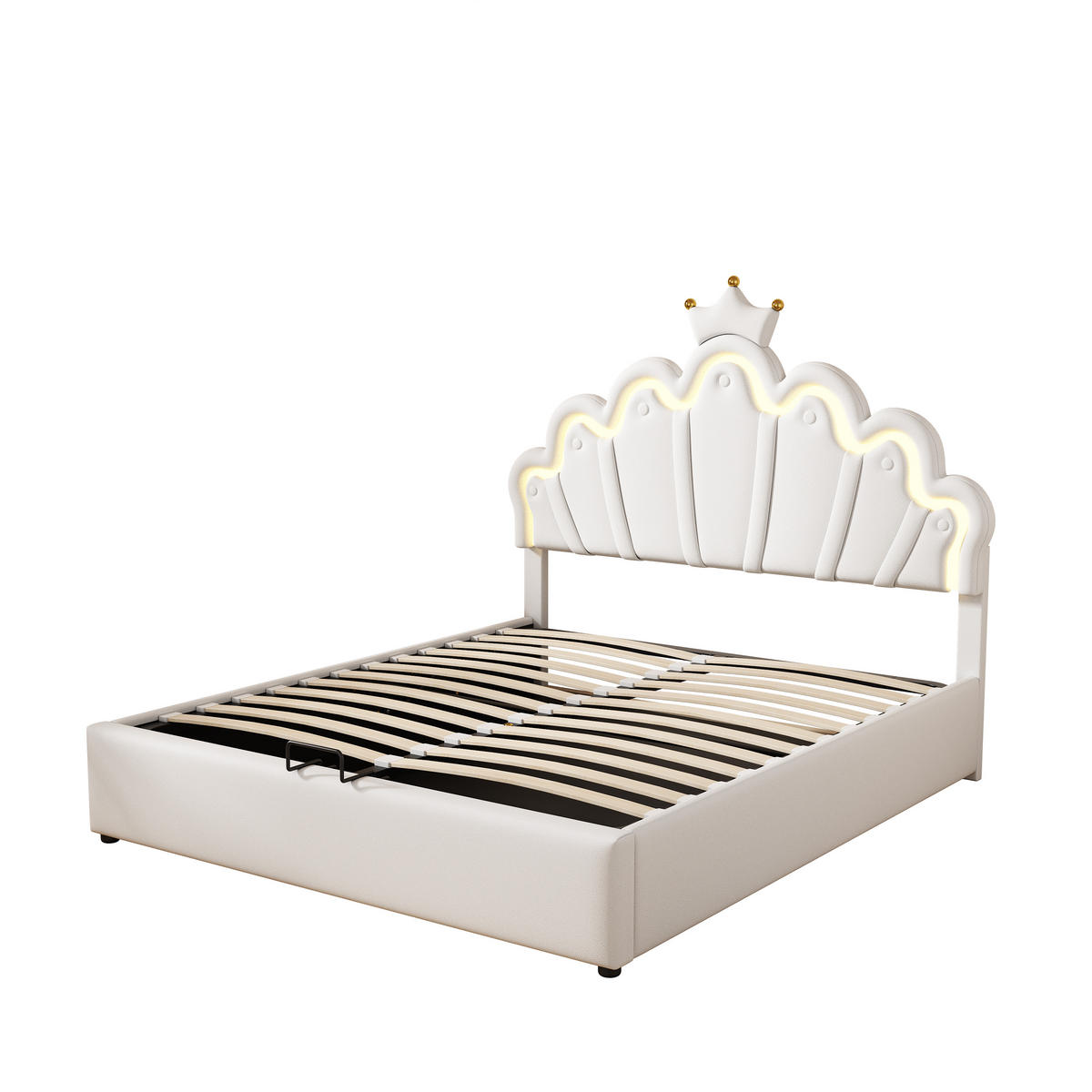 FLACHBETT 140x200cm Weiß Polsterbett Prinzessinnenbett LED Kronenleiste - Weiß, Holz (140/200cm) - FLIEKS