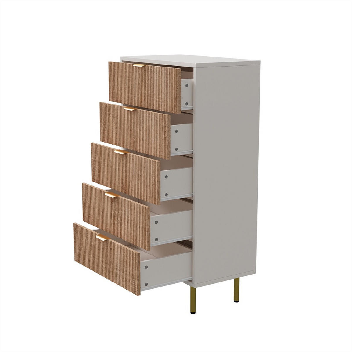 KOMMODE mit 5 Schubladen - vertikale Rillen und goldene Metallbeine - Naturholz und Weiß - Eichefarben, Holzwerkstoff (60/109.8/34cm) - DELFA