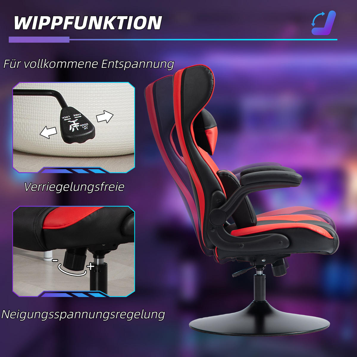 GAMING-STUHL mit Wippenfunktion, bis 120 kg belastbar, Schwarz+Rot - Rot, Kunststoff (67/112/71cm) - Vinsetto