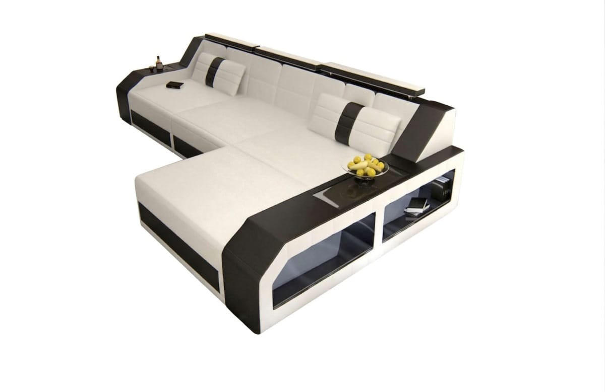 COUCH Arezzo L Weiß Schwarz Kunstleder - Weiß, Textil (308/194cm)
