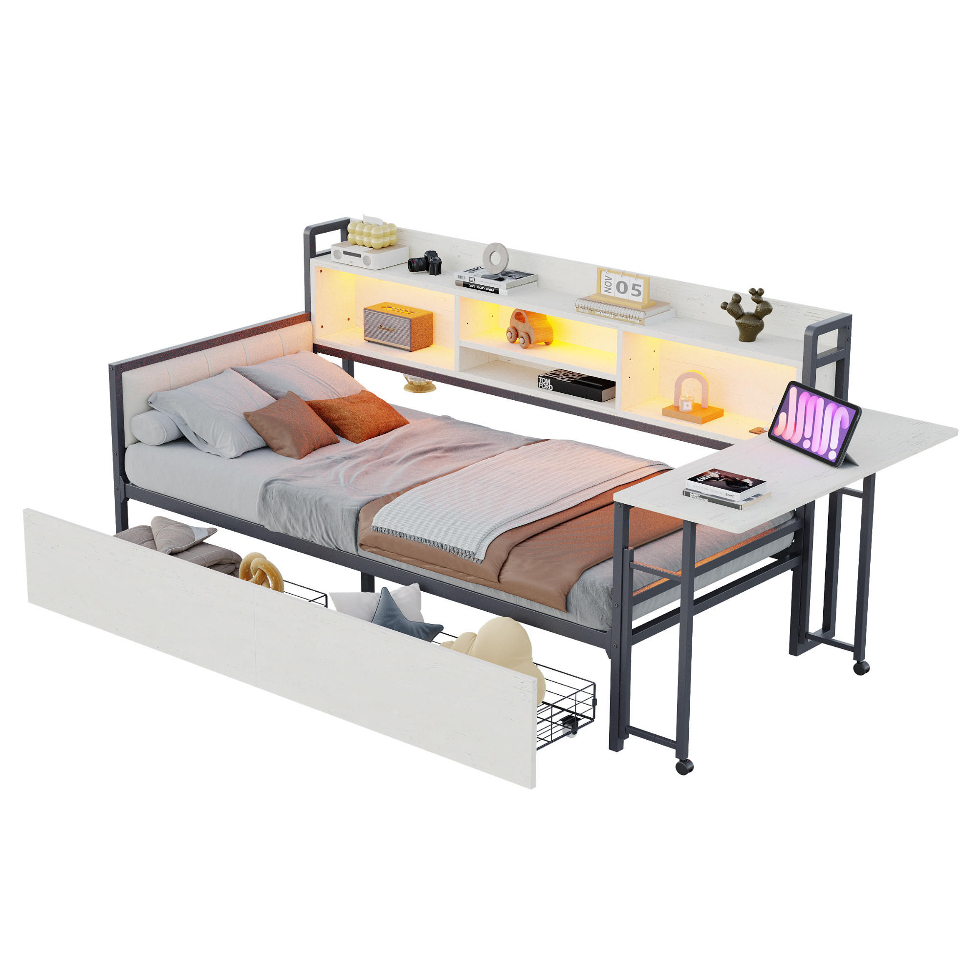 METALLBETT 90/200 cm mit Stauraum, Schreibtisch und LED in Weiß - Weiß, Metall (90/200cm) - BEAOK