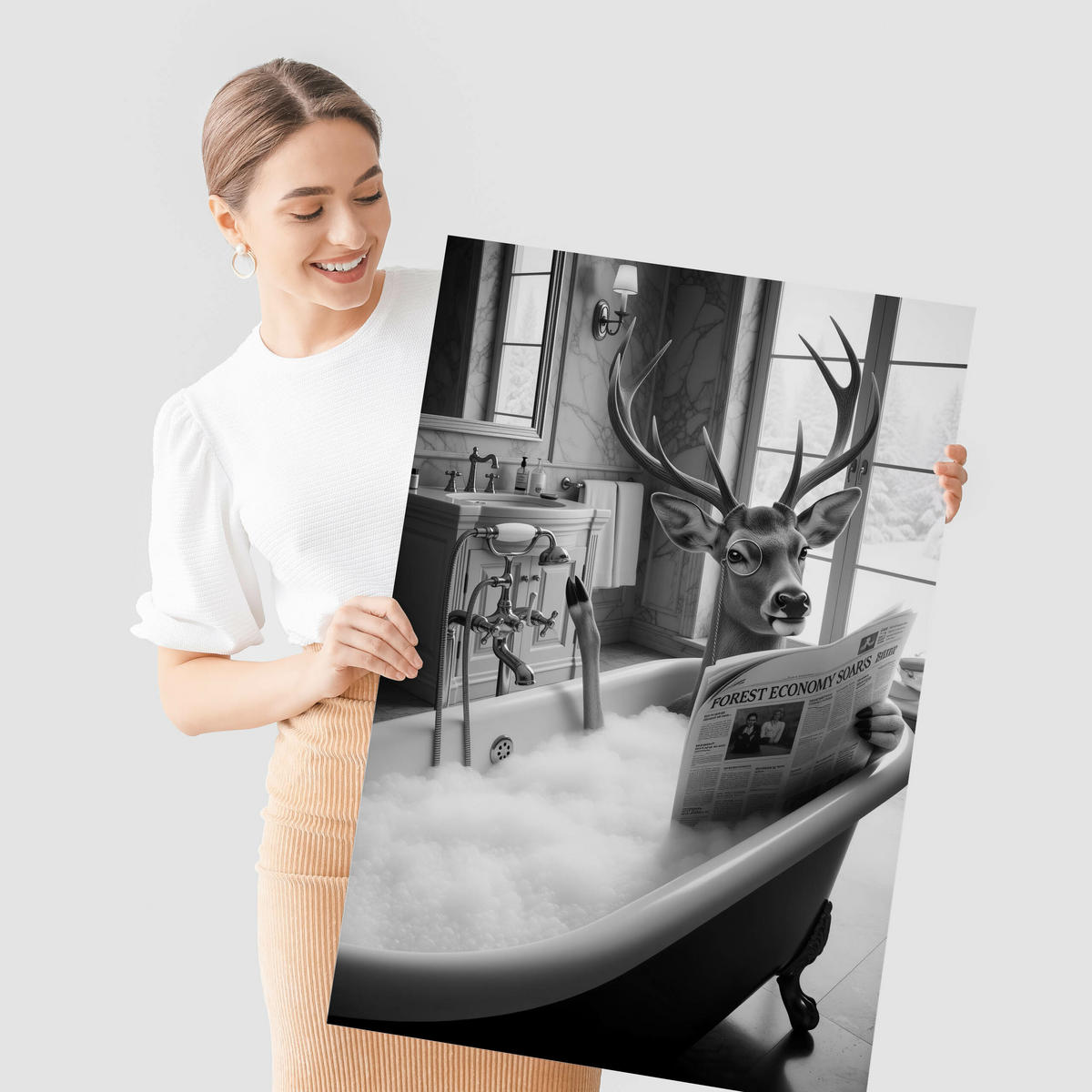 POSTER für Badezimmer WC Rehe HIRSCH in Badewanne Zeitung Abstraktion 20x30cm - Schwarz/Weiß, Papier (20/30/1cm) - Muralo