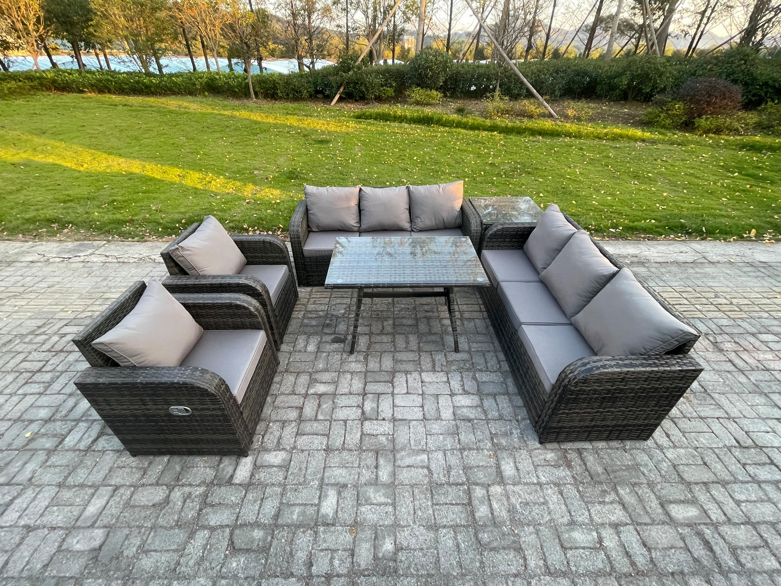 GARTENSET Hohe Rückenlehne Polyrattan 8-Sitzer - Dunkelgrau/Grau, Glas/Kunststoff - Fimous