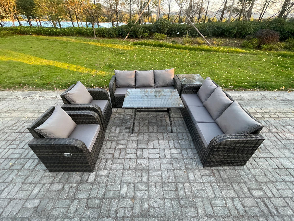 GARTENSET Hohe Rückenlehne Polyrattan 8-Sitzer - Dunkelgrau/Grau, Glas/Kunststoff - Fimous
