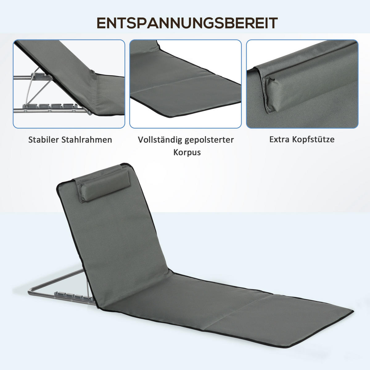 STRANDMATTE, 2er Set Faltbare Strandliege mit Kopfkissen, Tragetasche, Grau - Grau, Metall (53/35/124cm) - Outsunny