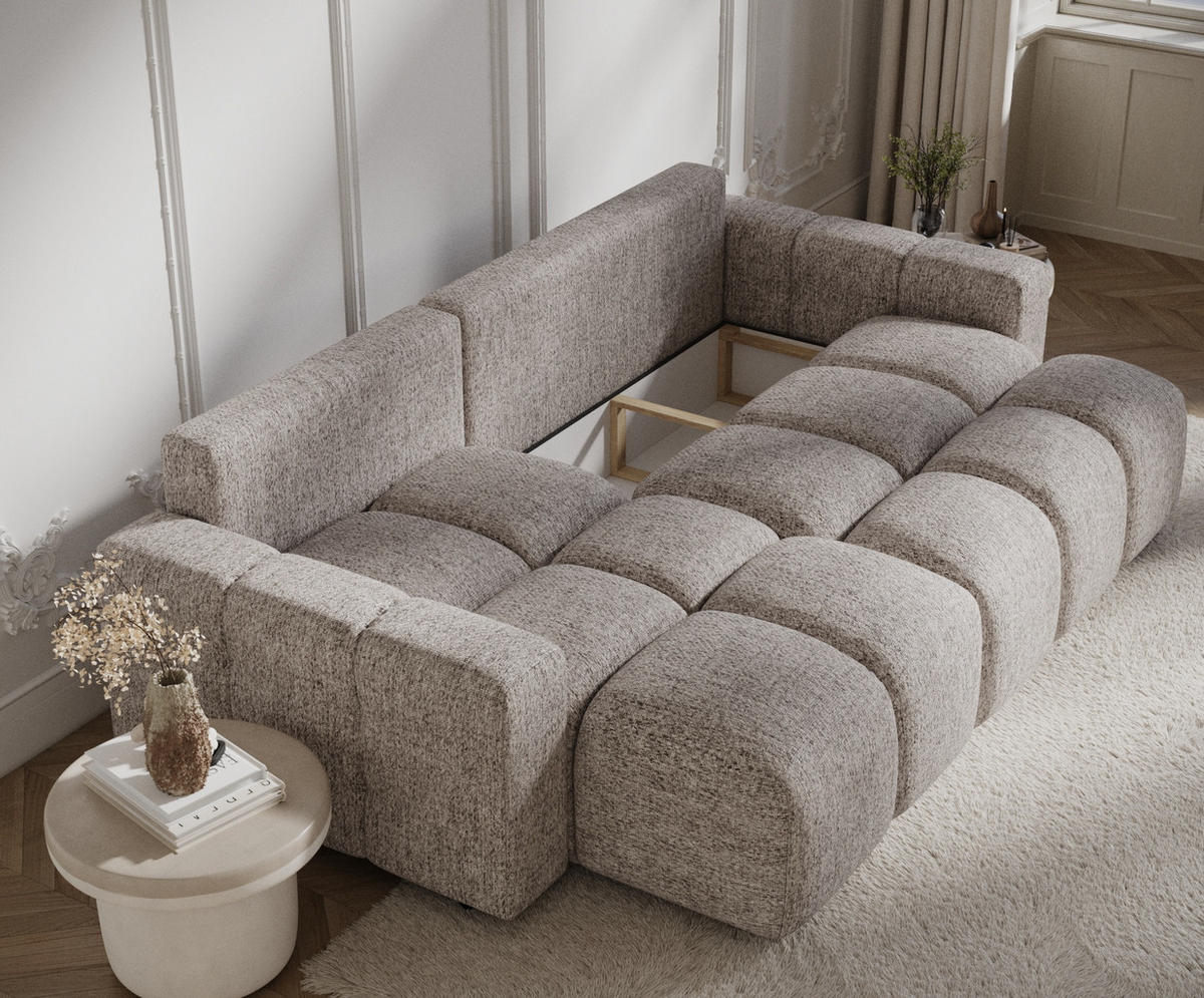 ECKSOFA MIT SCHLAFFUNKTION Ucci Hellbraun Webstoff - Hellbraun/Schwarz, Holz/Holzwerkstoff (233/142cm) - Maison de Reve