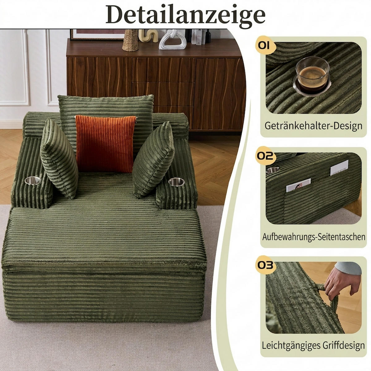 SCHLAFSOFA 165/112/63 cm Grün mit Chaiselongue, 3 Kissen und 1 Decke - Grün, Textil (112/63/165cm) - Oxeza