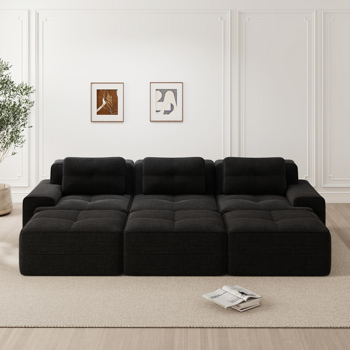 3-SITZER Sofa 293×177×69 cm Cordstoff knochenlos modular mit 3 Hockern, schwarz - Schwarz, Textil (177/69/293cm)