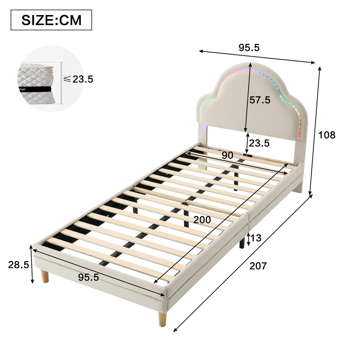 POLSTERBETT 90/200 cm aus Samt in Beige mit LED-Beleuchtung und Wolken-Kopfteil - Beige, Textil (90/200cm) - Flora Grace