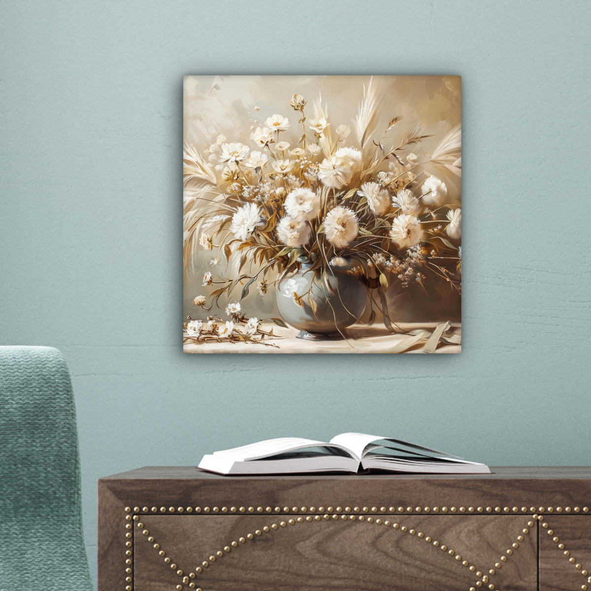 LEINWANDBILD Blumen - Vase - Stilleben - Beige Deko Wohnzimmer 20x20 cm - Creme, Textil (20/20cm) - MuchoWow