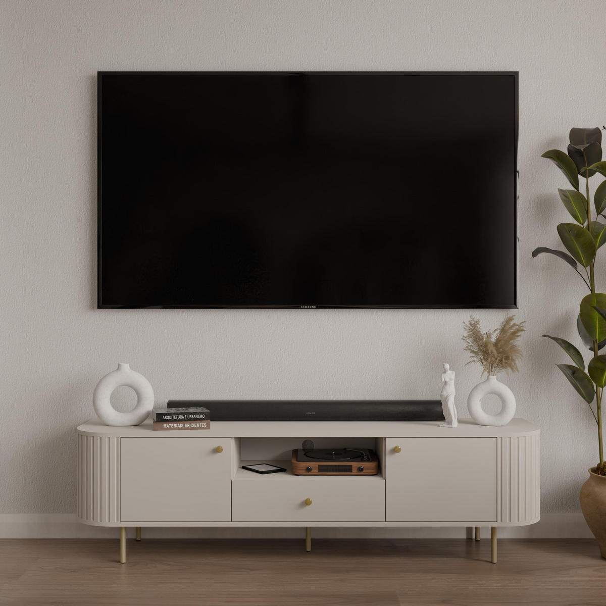 LOWBOARD Halay Beige, 2 Türen & 1 Schublade Moderne Rillenstruktur 180,6 cm - Beige/Goldfarben, Holzwerkstoff/Metall (180.6/50/42.3cm) - AX Living