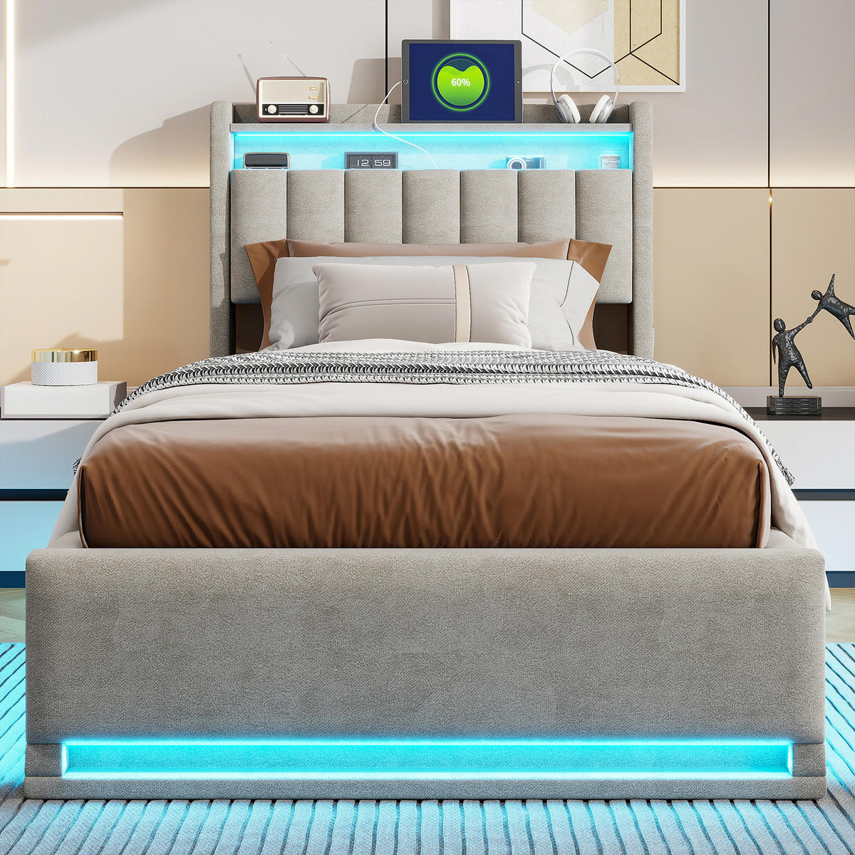 POLSTERBETT 90x200 cm mit LED, USB Und Type-C, Einzelbett mit Bettkasten 90x200, Stauraum, Grau Samt - Grau, Textil/Metall (90/200cm) - GENKI LIVING