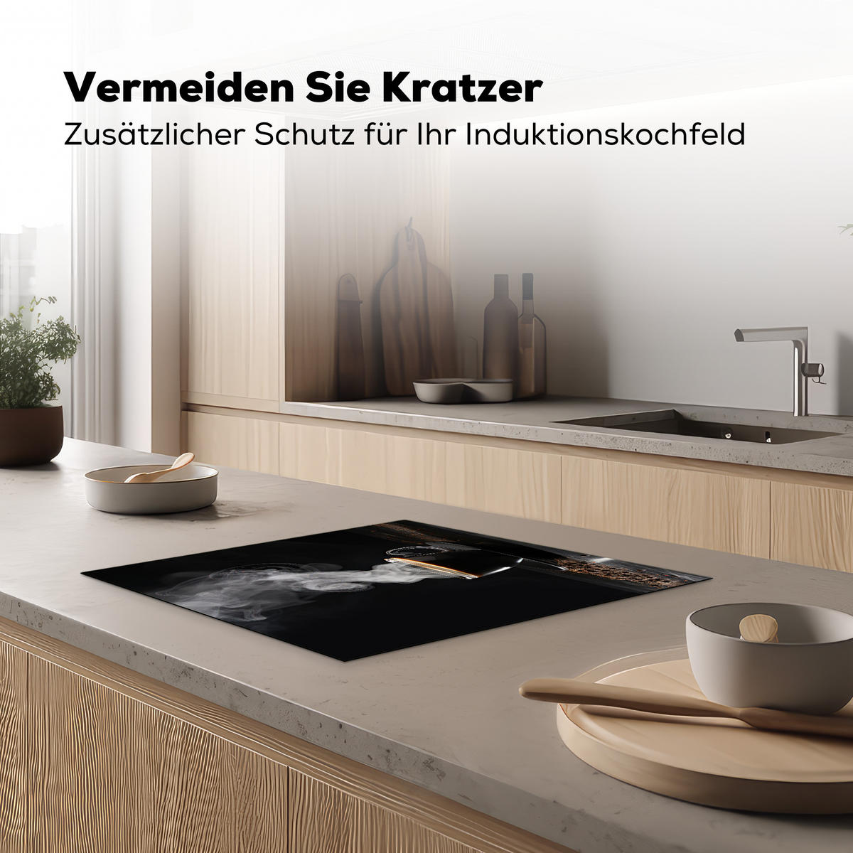 HERDABDECKPLATTE Kaffee - Schwarz - Bohnen - Heiß - Tasse Abdeckung Ceranfeld 59x51 cm - Schwarz, Kunststoff (59/51/0.2cm) - MuchoWow