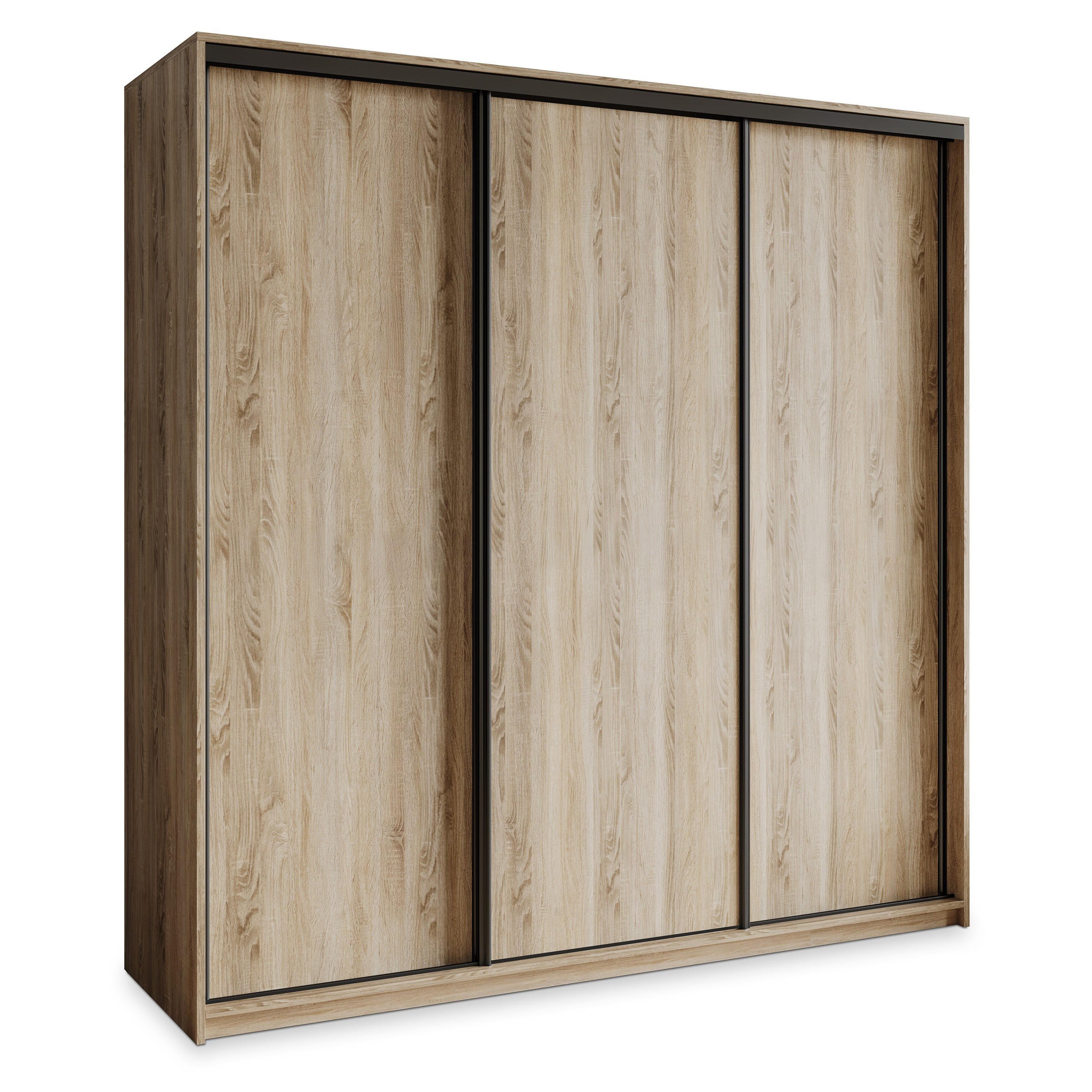SCHWEBETÜRENSCHRANK NISSE 180/205/60 cm 3-türig mit Schubladen Sonoma Eiche - Schwarz/Sonoma Eiche, Holzwerkstoff (180/205/60cm) - MASSENO