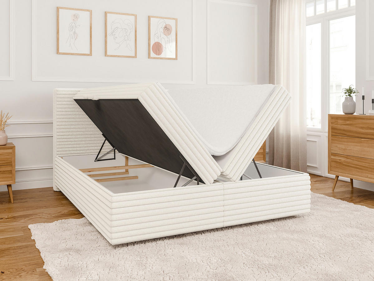 BOXBETT Roma 160/200 cm Hellbeige Plüschcord - Beige/Schwarz, Holz/Kunststoff (160/200cm) - S-Style Möbel