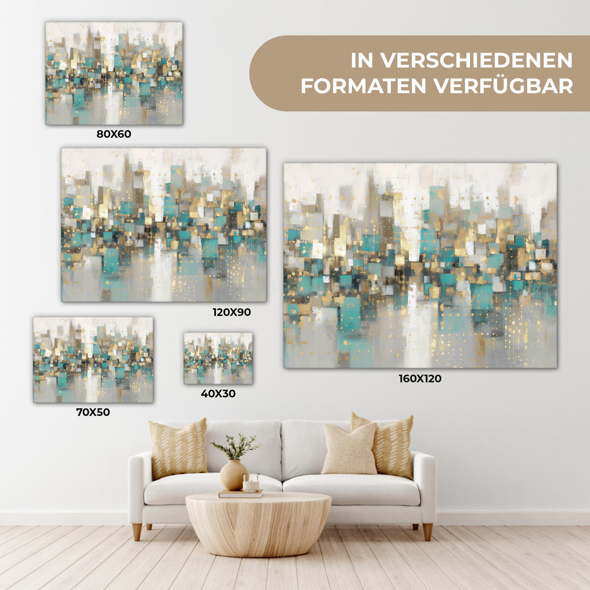 LEINWANDBILD Abstrakt - Blöcke - Gold - Skyline Wandbilder 80x60 cm - Beige, Textil (80/60cm) - MuchoWow