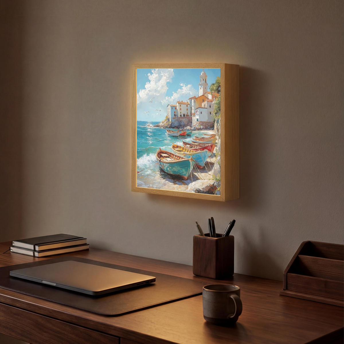NÁSTĚNNÁ LAMPA S AKUMULÁTOREM Lodě - skály - moře - slunce 30x40 cm - modrá, kompozitní dřevo (30/40/8cm) - OnlyWow