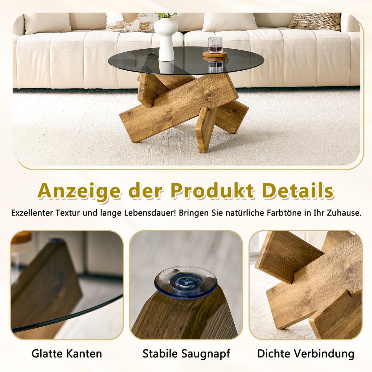 COUCHTISCH DE-37370 rund mit Glasplatte und skulpturalem Sockel Holz - Naturfarben, Holzwerkstoff (79/79/45cm) - ComfortXL