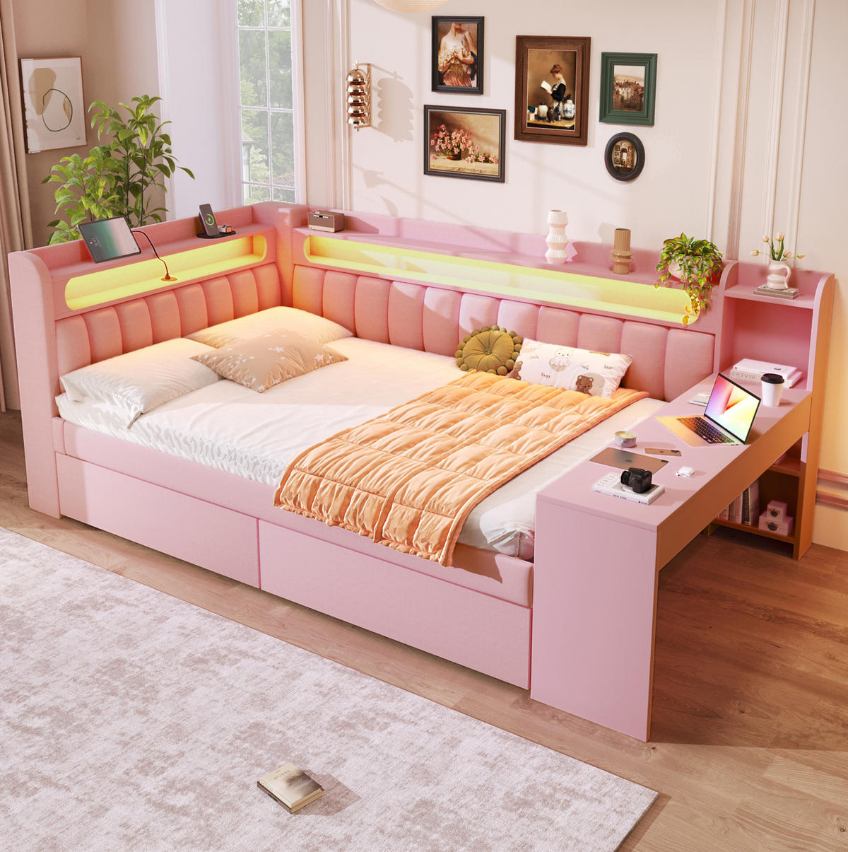 TAGESBETT 140/200 cm rosa aus MDF mit USB, LED, Schreibtisch und 2 Schubladen - Rosa, Holzwerkstoff (140/200cm) - OKWISH