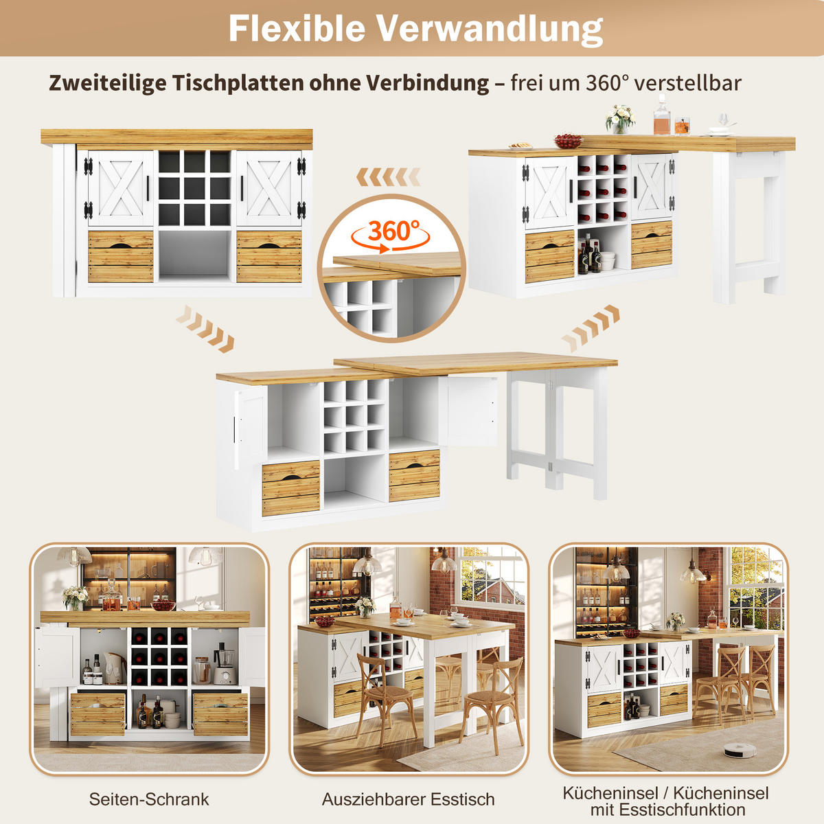 KÜCHENINSEL 360° Drehbar Stauraum Weiß - Weiß, Holzwerkstoff (120/72/40cm) - FLIEKS