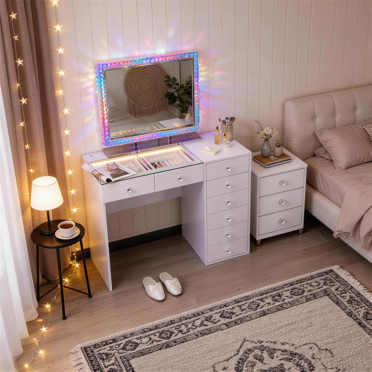 SCHMINKTISCH mit 8 Schubladen 120/55/81 CM und LED Beleuchtung Lichtleiste rundum mit Strasssteinen besetzt weiß 80/60 cm - Weiß, Holz (55/81/120cm) - VANITII