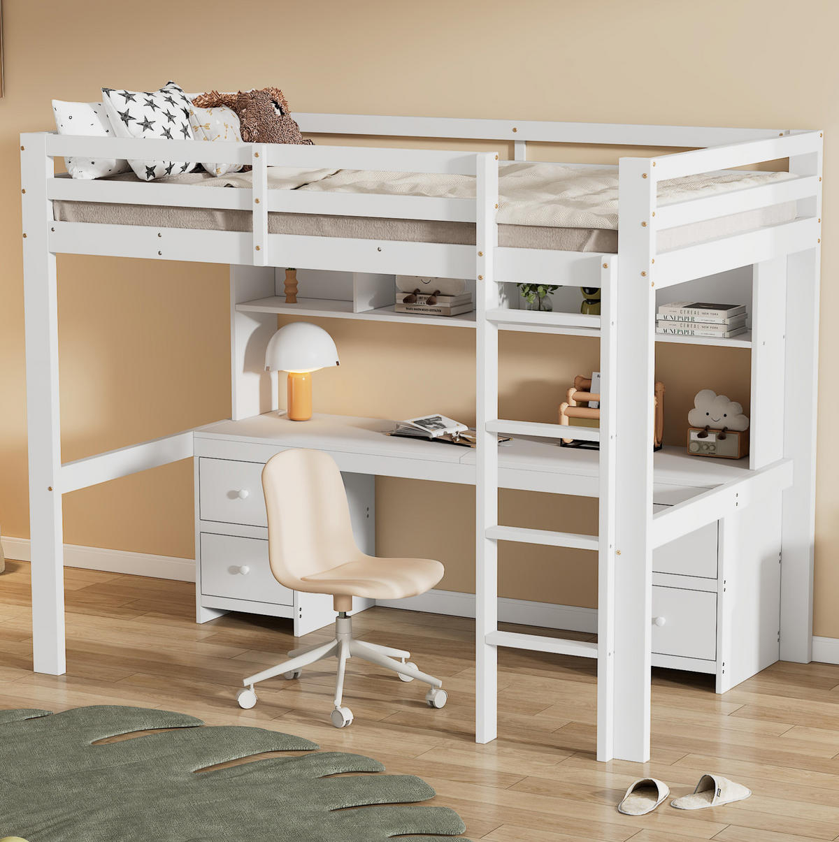HOCHBETT 90/200 cm Weiß aus Kiefer massivholz und MDF mit Schreibtisch und Stauraum - Weiß, Holz (90/200cm) - OKMYHOME