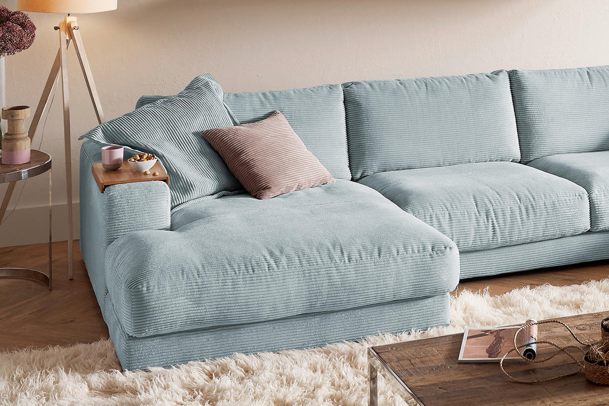 WOHNLANDSCHAFT MADELINE Hellblau Cord - Schwarz/Hellblau, Kunststoff/Textil (425/86/224cm) - KAWOLA