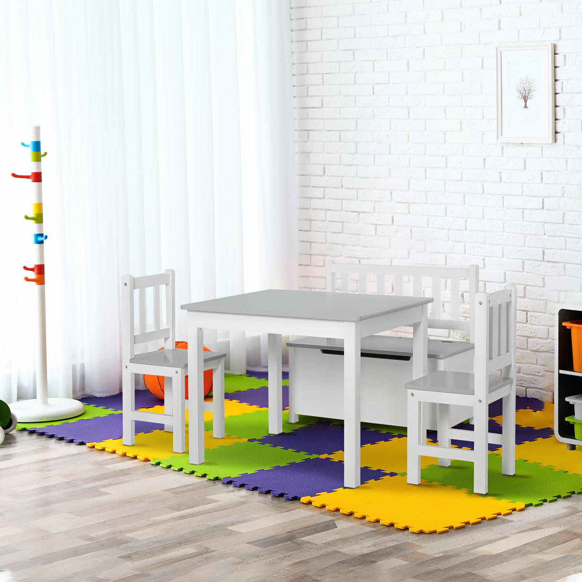 KINDERSITZGRUPPE DE-17498 4-teilig mit Stauraumbank Weiß/Grau - Grau, Holzwerkstoff (59/46/77cm) - ComfortXL