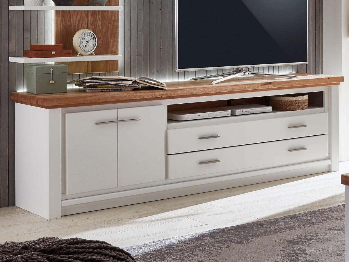 TV-LOWBOARD weiß Olbia Wildeiche 202/45/67 cm - Weiß/Braun, Holz (202/67/45cm) - Casamia Massive Möbel