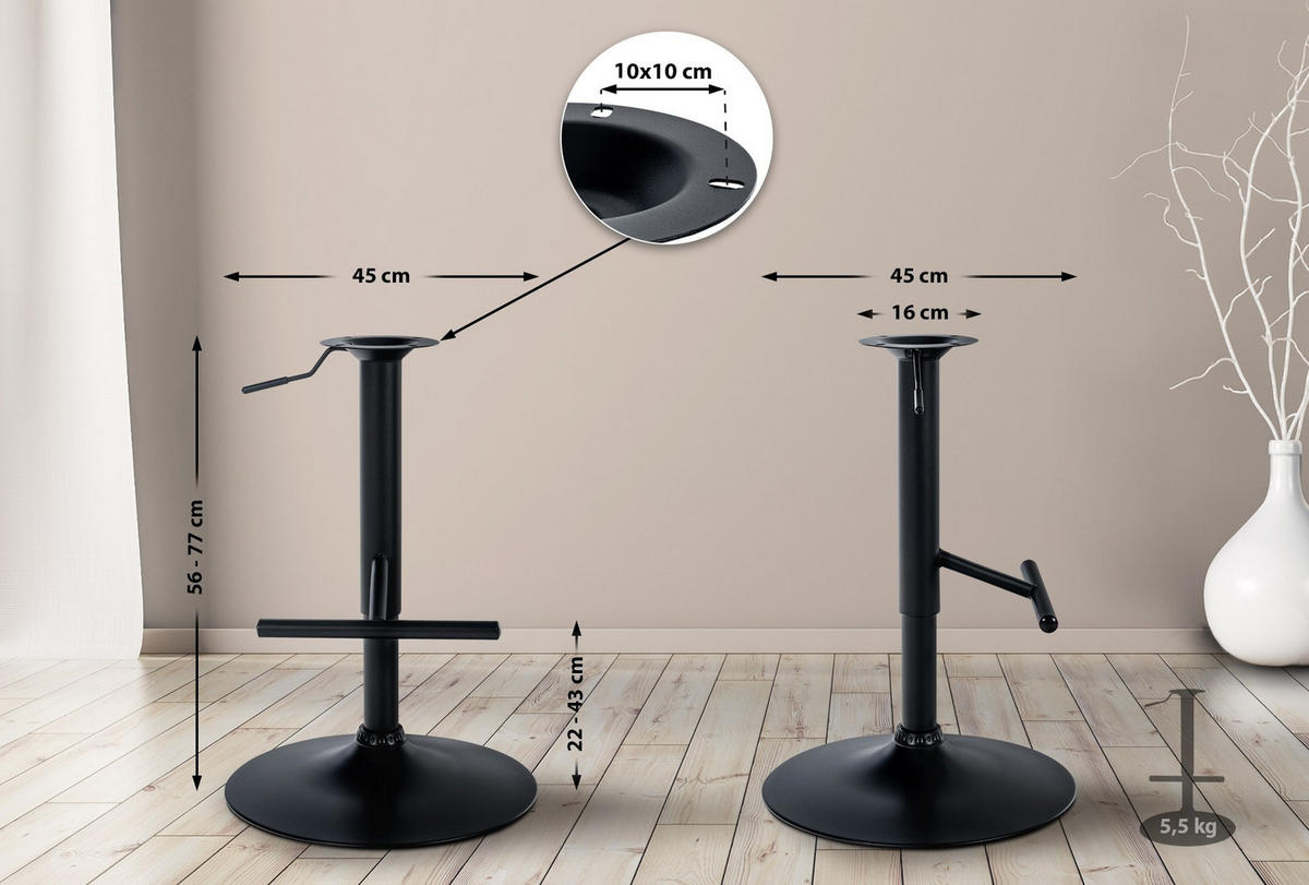 ERSATZ T-Gestell Barhocker 56-77 cm schwarz - Schwarz, Metall (45/56/45cm) - furnicato