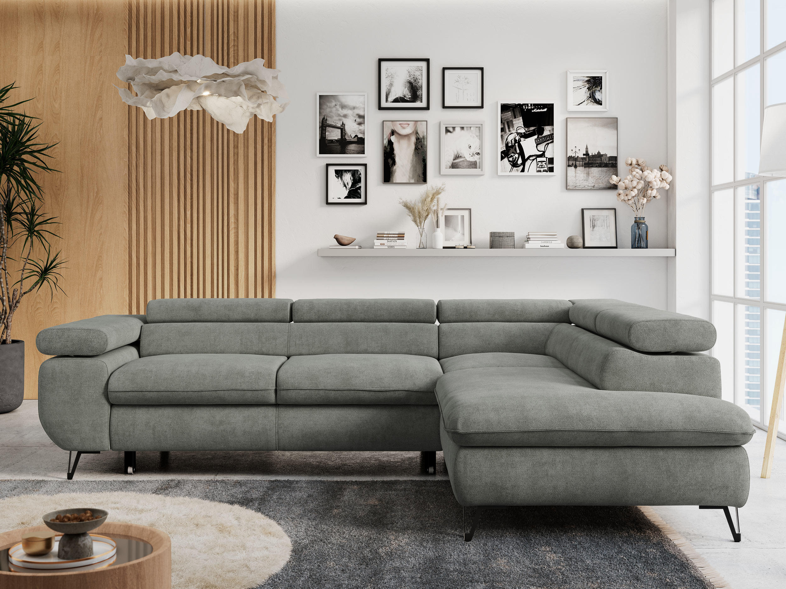 ECKSOFA PETER L Grau Struktur - Rechts Seite - Schwarz/Grau, Textil/Metall (273/208cm) - MKS