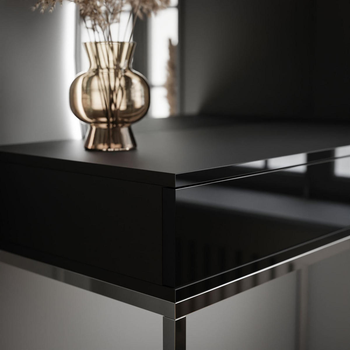 SCHMINKTISCH schwarz QUINNIE GLAMOUR mit LED-Spiegel links PUSH OPEN - Silberfarben/Schwarz, Holzwerkstoff (100/176/42cm) - Lookway