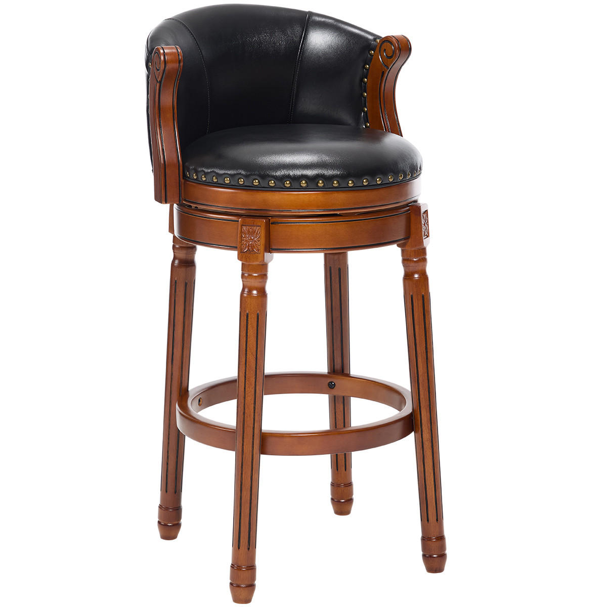 BARHOCKER 1er-Set Schwarz aus Echtleder & Holz 360° Drehbar mit Rückenlehne - Schwarz, Holz (54.8/96/54.8cm) - PANGIVO