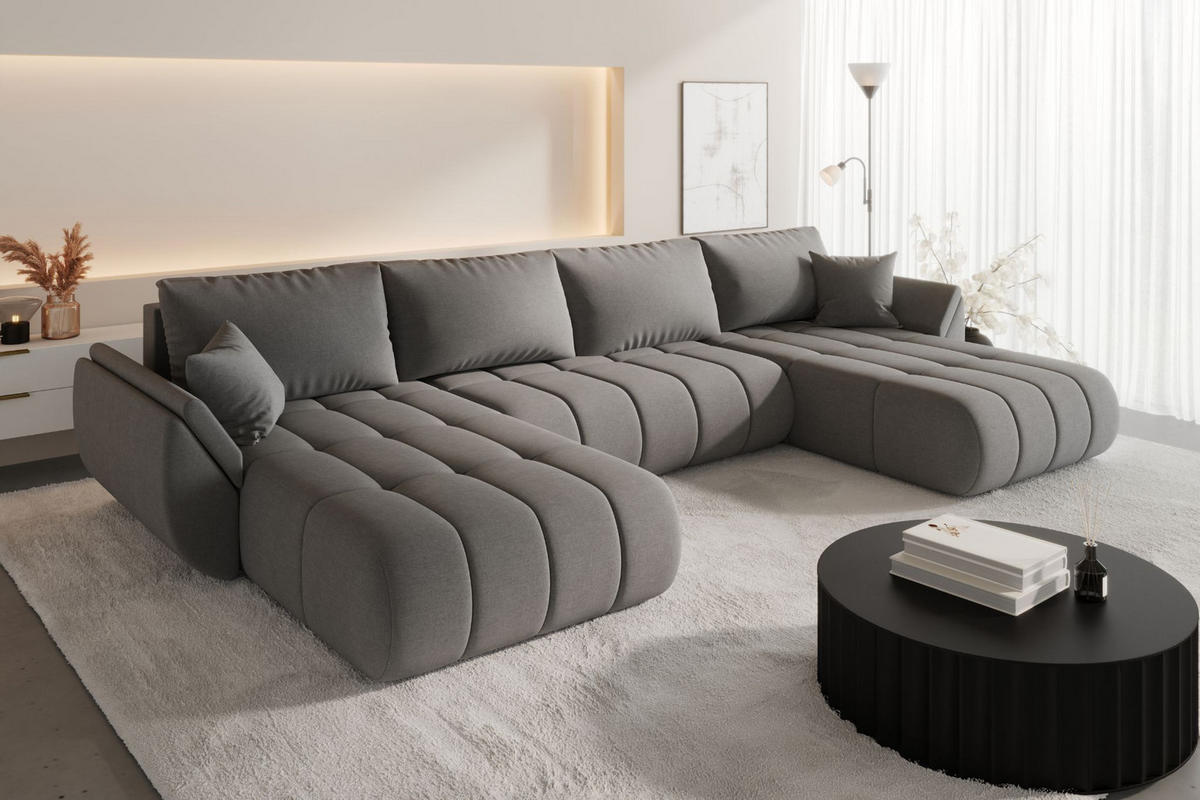 ECKSOFA mit schlaffunktion und bettkasten TOKYO U PREMIUM, stoff WIND, Stahl - Grau, Holz (384/190cm) - Kaiser Möbel