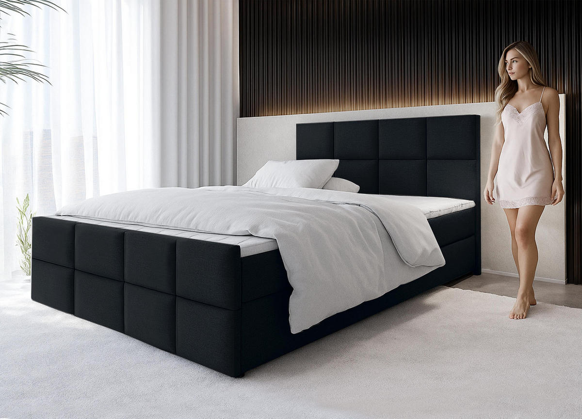 BOXBETT ALEYNA 140x200 cm mit Bettkasten und Matratze - Schwarz - Schwarz, Holz/Holzwerkstoff (140/200cm) - AX Living