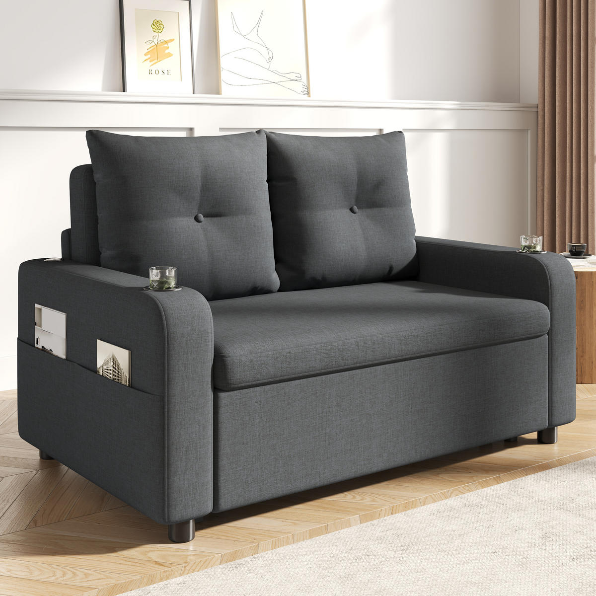 SCHLAFSOFA 3-in-1 Baumwoll-Leinen ausziehbar mit USB-Anschluss und Becherhalter Grau 131/81/94 cm - Grau, Textil (81/94/131cm) - Redom