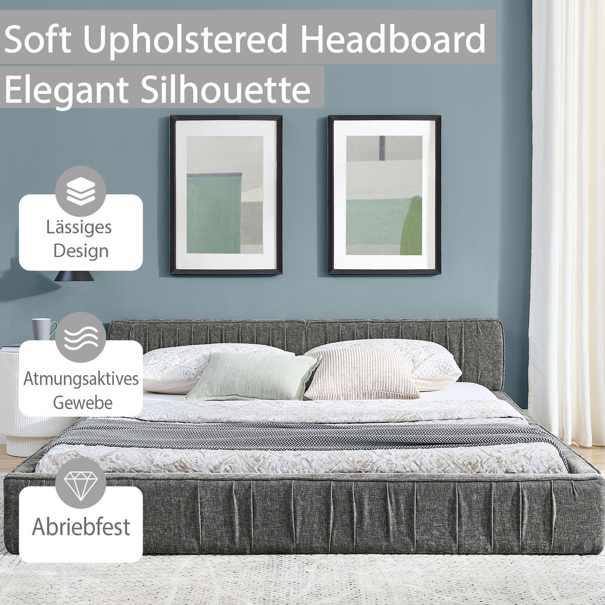 POLSTERBETT 160x200 cm Chenille Holzrahmen grau - Dunkelgrau, Kunststoff (160/200cm) - LEBENLANG