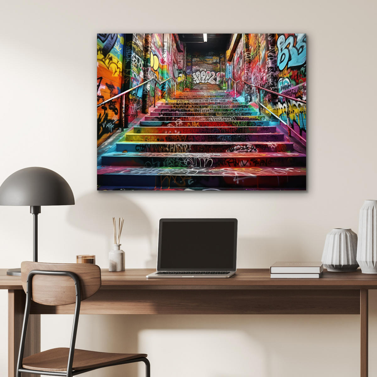 KOVOVÝ OBRAZ Schody - Graffiti - Farby - Umenie 80x60 cm - viacfarebná, kov (80/60cm) - MuchoWow