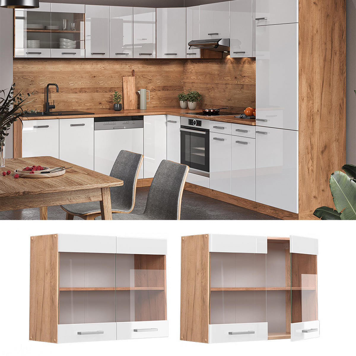KÜCHENGLASSCHRANK R-Line Weiß Hochglanz 80 cm - Honigeiche/Weiß Hochglanz, Holzwerkstoff (80/60/31cm) - Vicco