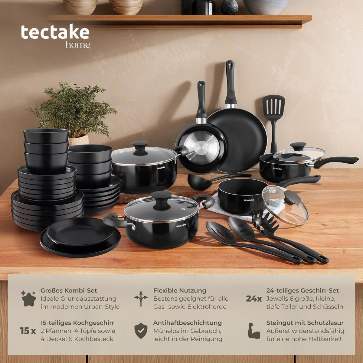 KÜCHENSTARTERSET Una/varese,inklusive 5 Küchenwerkzeugen,schwarz - Schwarz, Keramik - tectake