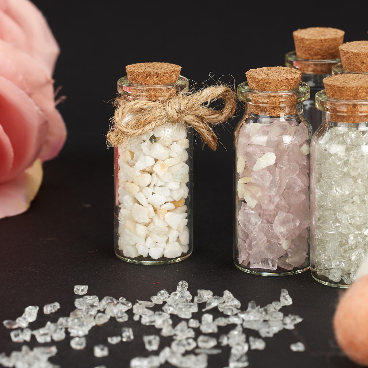 MINI sklenené fľaše - priehľadné, prírodné materiály/sklo (2/5.5/2cm) - Relaxdays